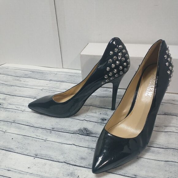 Andrew Stevens SZ 9M Patent Black Studded Stiletto  Biker Heels - Picture 11 of 11